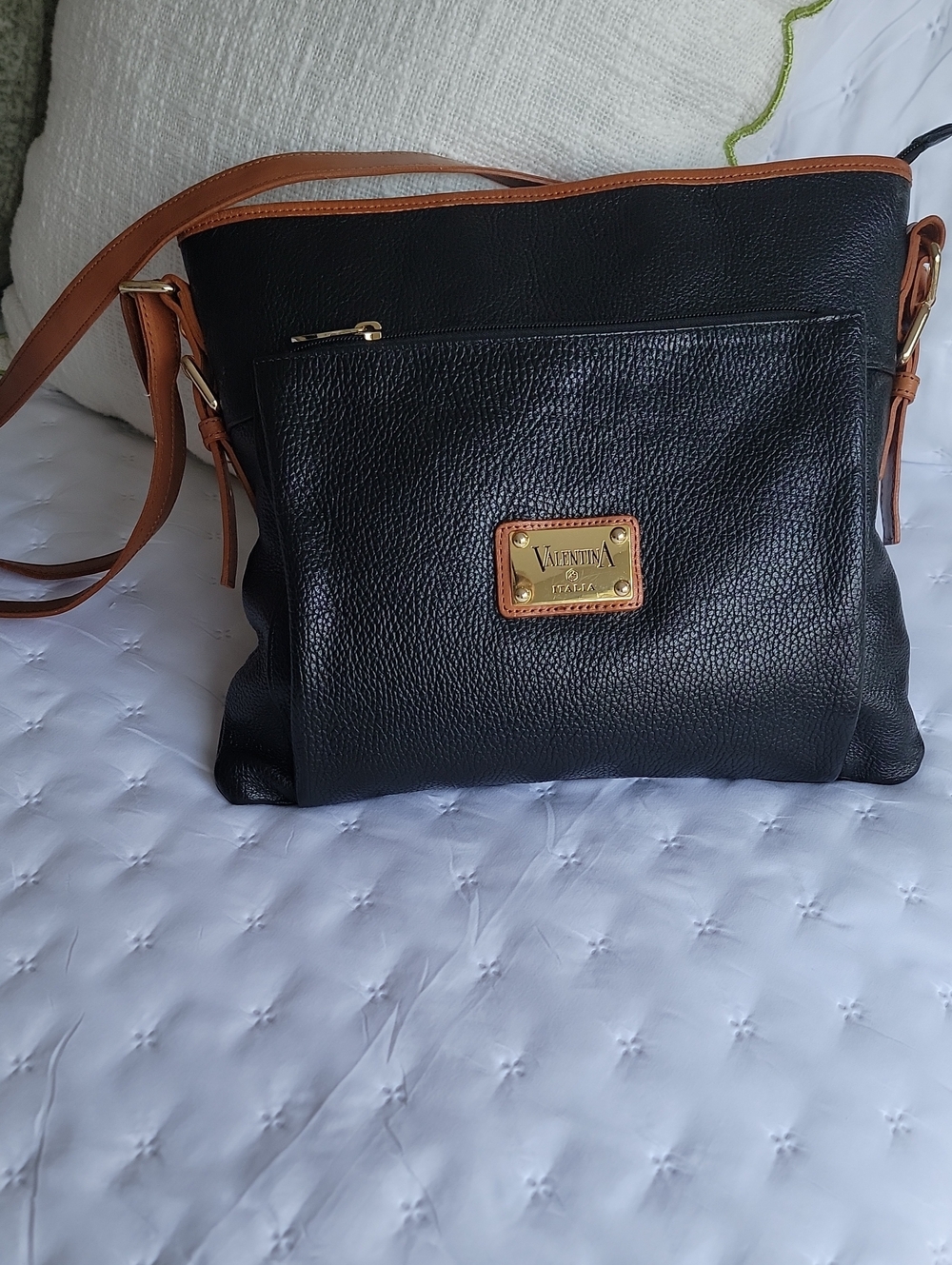 Valentina Black and Tan Italian 100% Leather Shoulder/ Crossbody Bag